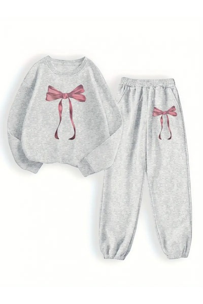 QUEENSTOWN Women's Chest Ribbon Printed Oversize Crew Neck Tracksuit Set