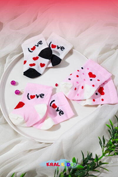 KRAL SOCKS Baby Girl Socks Set 6 Pairs – Heart Pattern – Boxed – Cotton – Booties Size