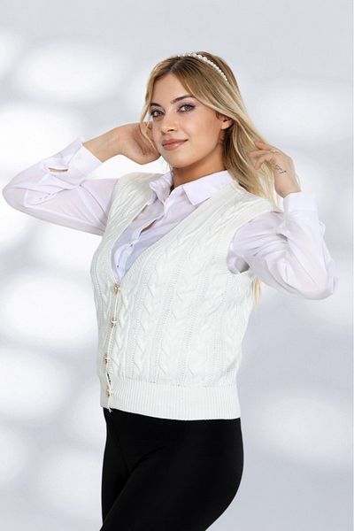 NEWCO Knitted Detail Comfortable Fit Pearl Button Detail Vest Cardigan