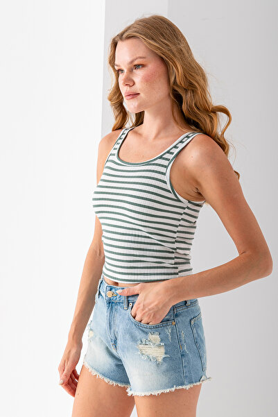 GİYSA Women's Strap U Neck Striped Basic Undershirt Green - 25603