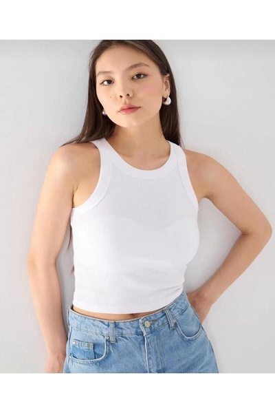 bysoca Women's White Halter Neck Ribbed Camisole Sports Basic Plain Daily Sum...