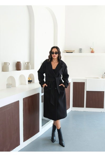Le Savu Shilsee Women's Black Double-Breasted Collar Belted Apollet Pocketed Coat