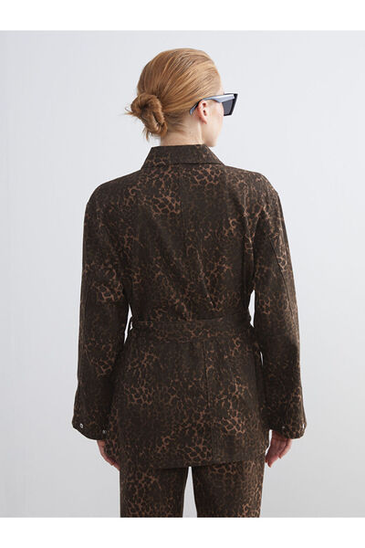 LC Waikiki Kahverengi Gömlek Yaka Leopar Desenli Kadın Jean Ceket