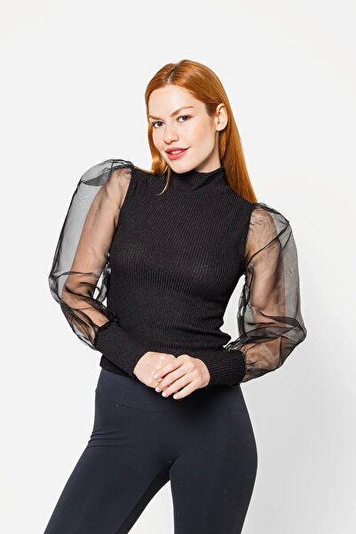 Bak Moda Kol Tül Detaylı Boğazlı Kazak