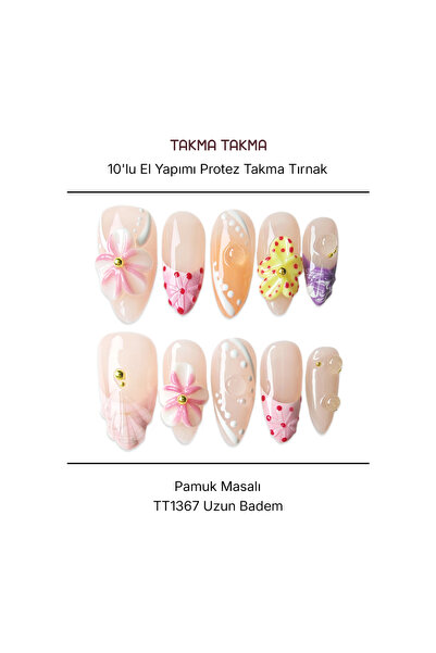 Takma Takma 10'lu Pembe Uzun Badem TT1367 Tekrar Kullanılabilir El Yapımı Pro...