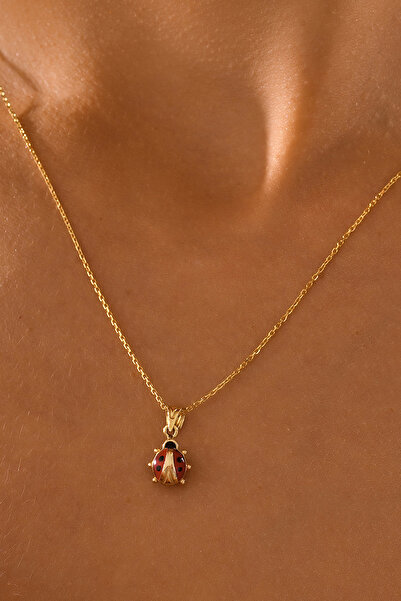 VeraDesignGold Altın Uğur Böceği Kolye Kırmızı Uğur Böceği Detaylı Zarif Altın Kolye-14 Ayar Altın Kolye