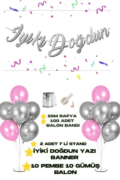 Baloncu Nene Happy Birthday Written Banner 2 Pieces of 7 Balloon Stand 10 Pieces of Silver 10 Pieces of Pink Balloon Birthday Set