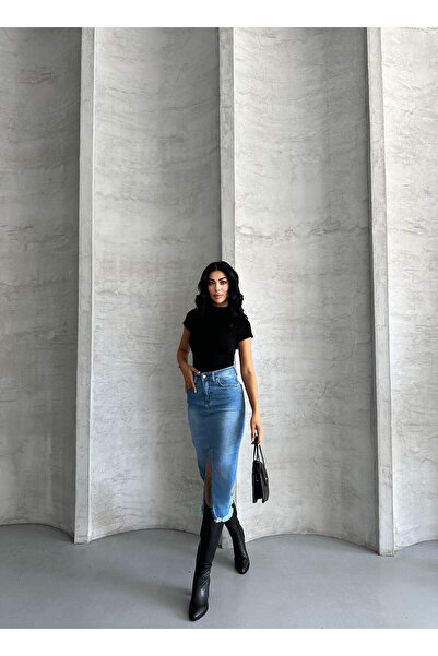 FERZOLAİO High Waist Slit Detailed Denim Jeans Skirt