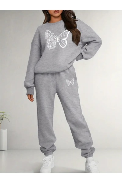 QUEENSTOWN Women's Chest Butterfly Printed Oversize Crew Neck Tracksuit Set