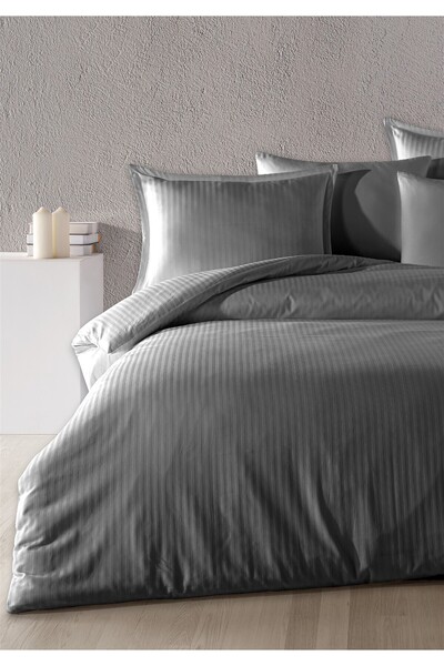 Evim 100% Cotton Satin Vertical Line Flounced Double Duvet Cover Set Dark Gray 200X220 cm