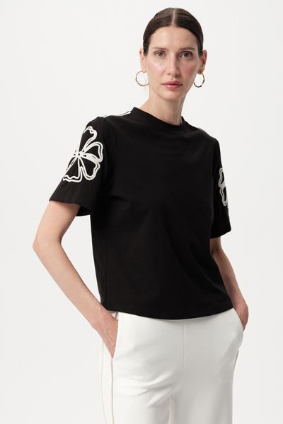 Allyco Crew Neck Sleeve Embroidered Regular Knitted Black T-Shirt