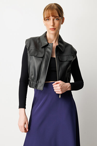 Ekol Kolsuz Deri Crop Yelek