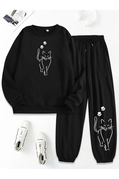 QUEENSTOWN Women's Chest Cat Printed Oversize Crew Neck Tracksuit Set