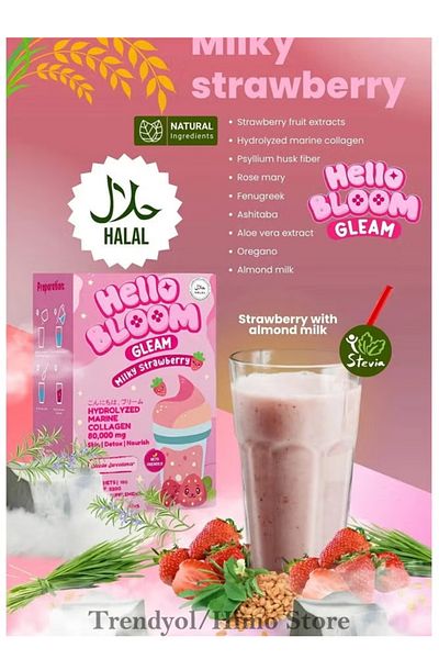 hello bloom Gleam Milky Strawberry - 60,000mg Marine Collagen Drink for Skin, Detox & Nourishment -