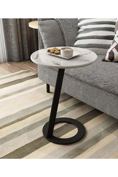 Generic Side Table Metal and Marble Black and White - 35×55 cm