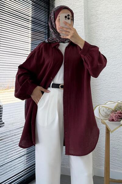 MELEK ARAZ Oversized Muslin Tunic with Buttons – Claret Red