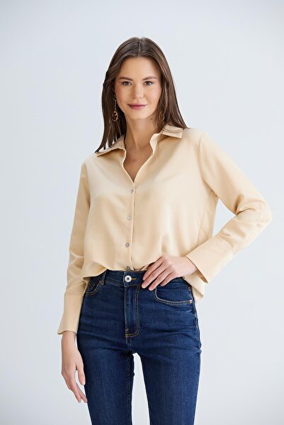 Sortie Women's Beige Color Long Sleeve Relaxed Fit Midi Length Front Short Back Long Cuffed Linen Shirt