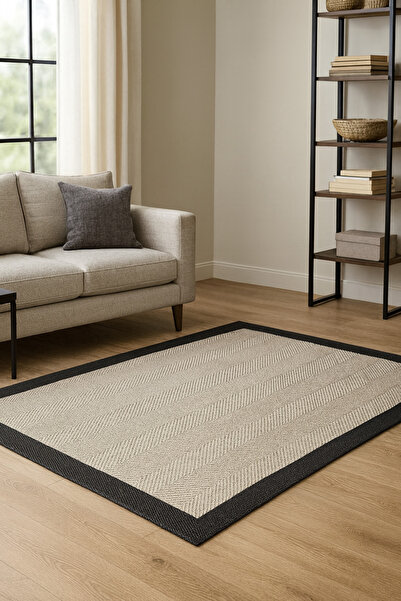 NaRStore Home Sisal Jüt Hasır Bordürlü Model Siyah Bej Renk Dokuma Yıkanabilir Toz Vermez Halı
