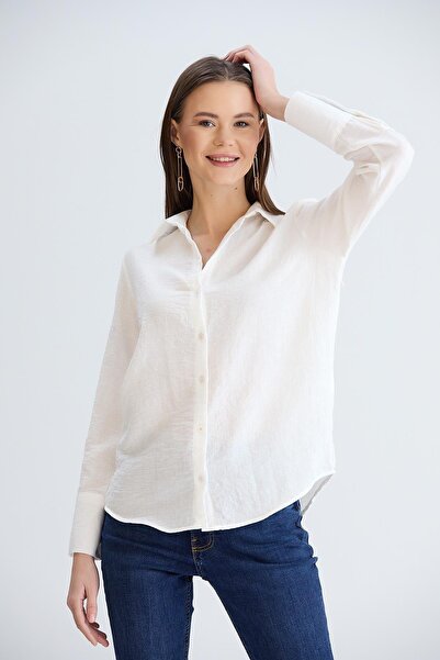 Sortie Women's Ecru Color Long Sleeve Relaxed Fit Midi Length Front Short Back Long Cuffed Linen Shirt