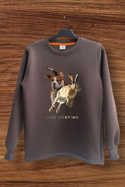 WİDİ Hunting Hunting Rabbit Hunting and Hunting Dog Printed Regular Fit 100% Cotton Crew Neck Sweatshirt