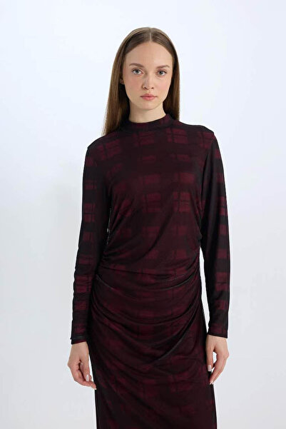 DeFacto Regular Fit Half Turtleneck Patterned Maxi Tulle Burgundy Women's Dress E1959Ax/Br115
