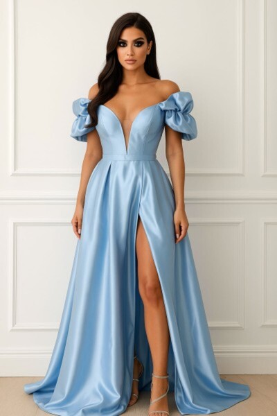 OPHIRA Long Satin Taffeta Dress with Oversized Sleeves on Corset