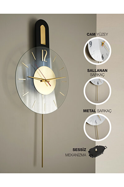 Racart Safir Cam Yüzeyli Metal Sarkaçlı Duvar Saati
