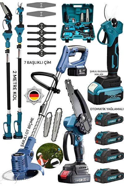 SCHUTZENGER 4'Set Şarjlı Çim Ot Biçme Tırpan-Teleskopik Kol 2mt-Dal Budama Ba...