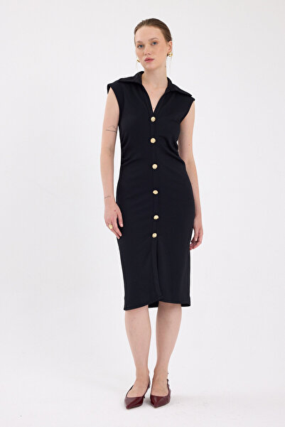 Rays Μαύρο Αμάνικο Πουκάμισο Midi Φόρεμα με Συσπειρωμένα Πλαϊνά 8117A