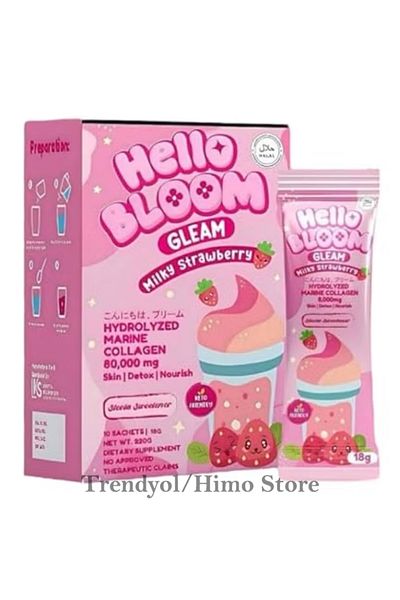 hello bloom Gleam Milky Strawberry - 60,000mg Marine Collagen Drink for Skin, Detox & Nourishment -