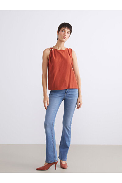 LC Waikiki Brown Crew Neck Metal Buckle Drawstring Blouse