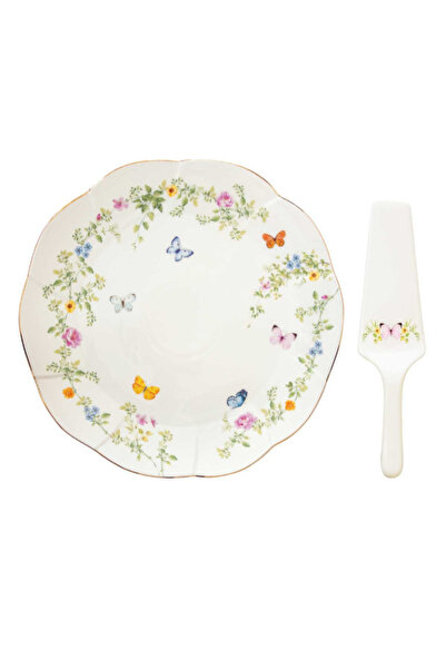 EasyLife طقم تقديم الكيك البورسليني بتصميم الفراشات الراقصة، 32 سم