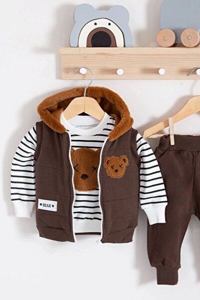 Babydonat Baby Boy 3-Piece Plush Teddy Bear Embroidered Tracksuit Set - Hooded Vest