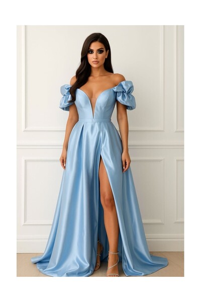 OPHIRA Long Satin Taffeta Dress with Oversized Sleeves on Corset