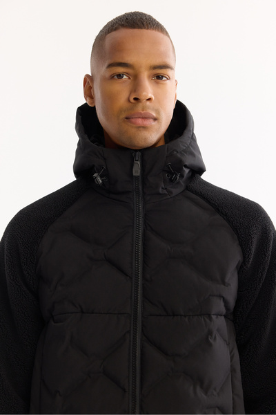 Avva Men's Black Hooded Windproof -5 Degree Resistant Plush Regular Fit Coat A52Y6077