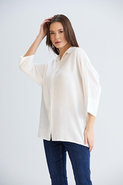 Sortie Women's Ecru Color Long Sleeve Relaxed Fit Midi Length Front Short Back Long Cuffed Linen Shirt