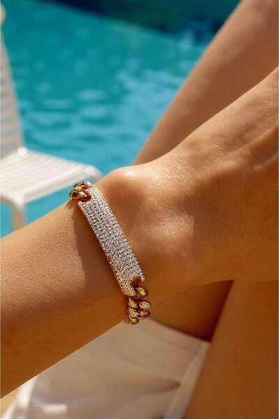Atölye Olcay Eser Vip Guaranteed Steel Tarnish-Free Gold Antiallergic Zircon Stone Detailed Chain Bracelet