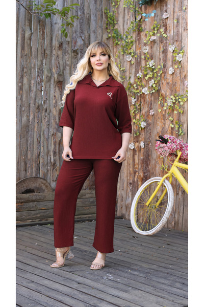 şuranur Women's Daily Buttoned Shirt Collar Pants Set - Burumuc Kumaş
