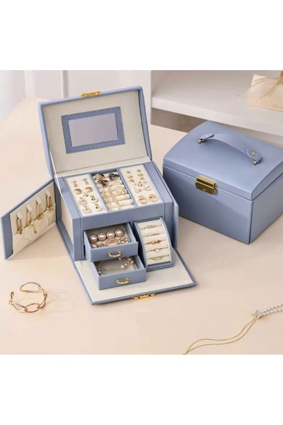 newnet Jewelry Box Makeup Table Top with Lock - Matte Blue Leather Covered - Gold Jewelry& Jewellery Organizer Mdl13