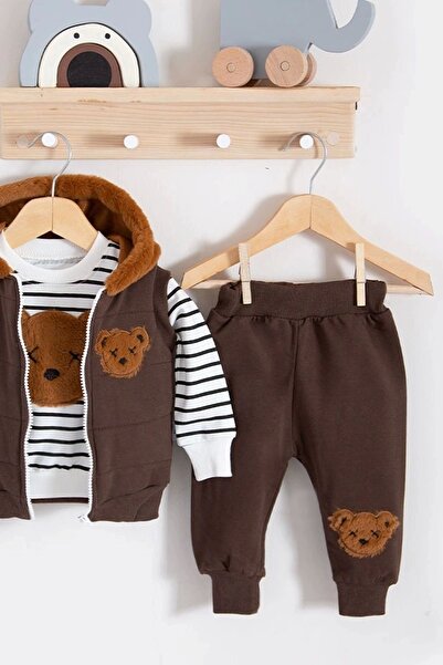 Babydonat Baby Boy 3-Piece Plush Teddy Bear Embroidered Tracksuit Set - Hooded Vest