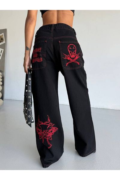 Chirkef Soft Gradient Black Back Pocket and Leg Red Skull Printed Baggy 100% Cotton Wide Leg Pants Dn