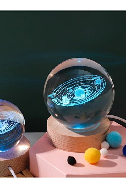 Lexi Bella Ledli USB'li Ahşap Standlı Güneş Sistemi Küre Temalı Kristal Renkl...