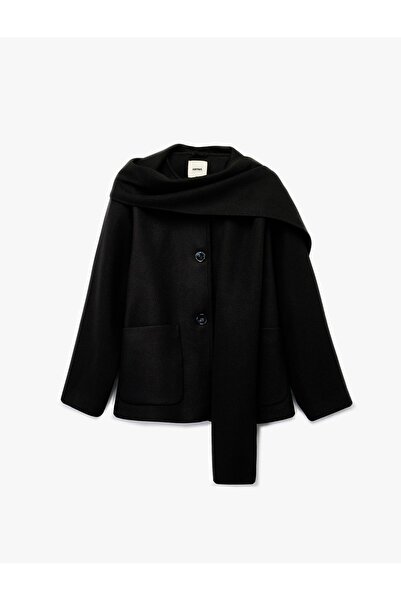 Koton Buttoned Long Sleeve Scarf Cashmere Coat with Pockets