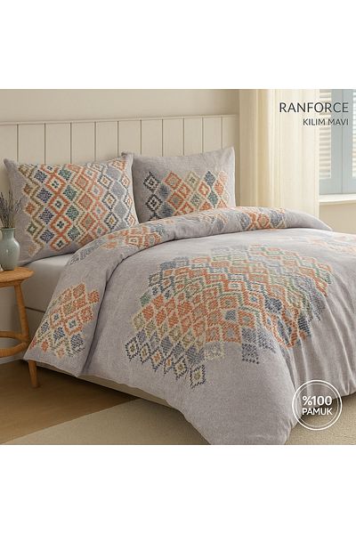 Evimcim Gift Boxed 100% Cotton Ranforce Single Duvet Cover Set Rug Blue Patterned