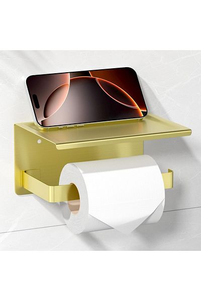 OEMN HITSLAM Toilet Paper Holder without Drilling, Brushed Brass, Self-Adhesive with Shelf Roll Holder, S