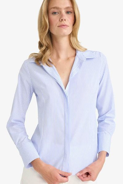 DeFacto Fitted Striped Poplin Light Blue Women's Shirt D3172Ax/Be366
