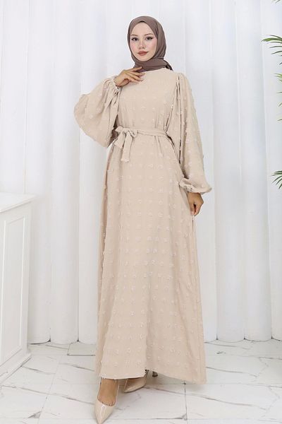Moda MSK Pompom Detailed Belted Dress Beige