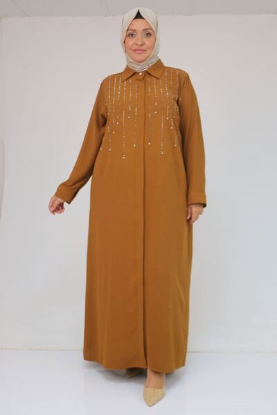 Eslina 56018 مقاس كبير من الكريب فيراس مع تفاصيل طباعة الحجر - أسمر