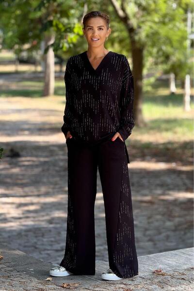 Nevin Kaya Moda Black V-Neck Spreading Stone Double Suit