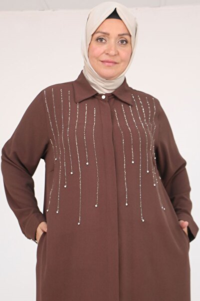 Eslina 56018 Μεγάλο Μέγεθος Stone Print Λεπτομερής Crepe Ferace - Καφέ